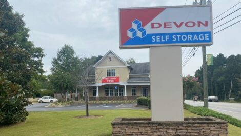 Signage and Exterior of leasing office at Devon Self Storage in Athens, Georgia