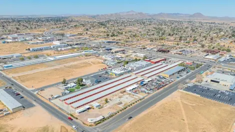 Aerial view of large, storage facility in Apple Valley, CA, at Devon Self Storage - Highway 18 #1