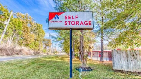 Devon Self Storage sign in front of entrance in Cordova, Tennessee