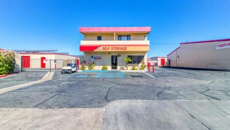 Parking lot and entry into Devon Self Storage in Cathedral City, California