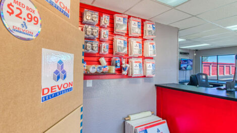 Front desk and packing supplies at Devon Self Storage in Palm Springs, California