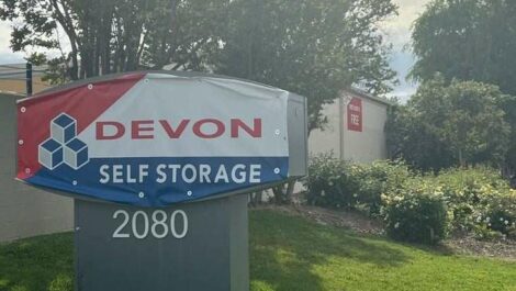 Facility sign at Devon Self Storage in Sacramento.
