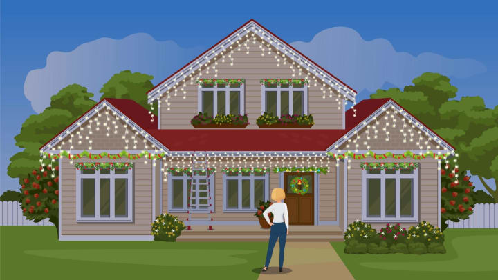 Animation of woman looking at house.