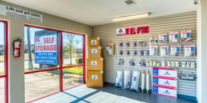 Front door and packing supplies at Devon Self Storage in Pasadena, Texas