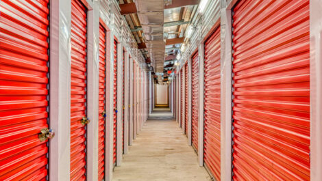 The walkway through climate-controlled storage units at Devon Self Storage in Pasadena, Texas