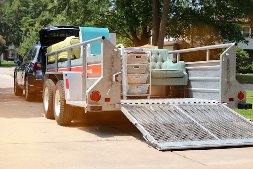 Truck moving a trailer.