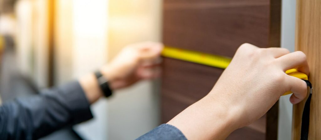 Two hands measuring a cabinet with measuring tape