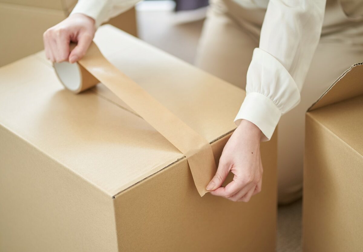 A student packing taping their boxes for storage