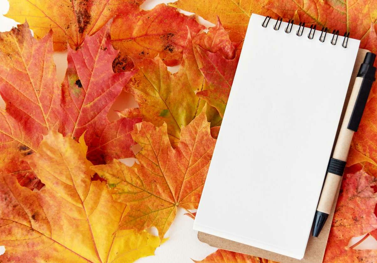 A notebook laid up against a pile of brown and orange autumn leaves.