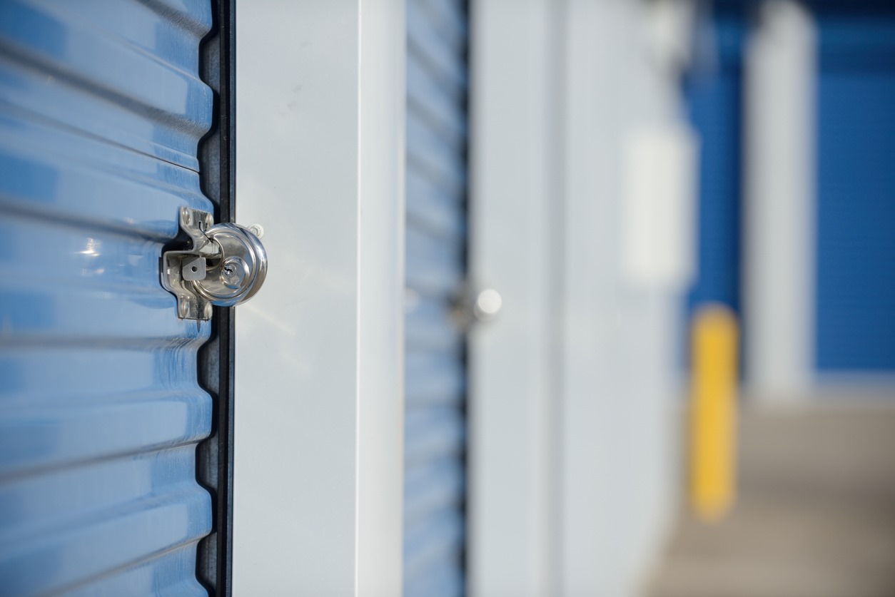 A lock on a self storage unit door.