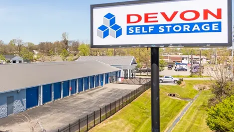 Large street sign of Devon Self Storage in Hendersonville, TN, at Devon Self Storage - Shackle Island