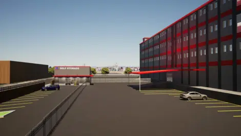 Devon Self Storage - Unruh, future storage facility, gated entrance, parking lot, 3 story building, Self Storage Units in Philadelphia, PA, on Unruh Ave