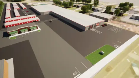 Outdoor entrance to Devon Self Storage in Camden, NJ. Storage facility drone view or upcoming facility.